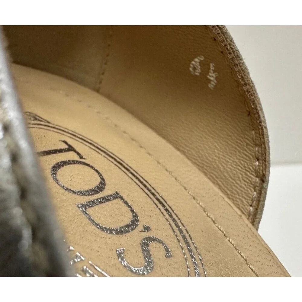 TOD'S women size 6.5 open Toe slip on silver & beige leather & suede pumps